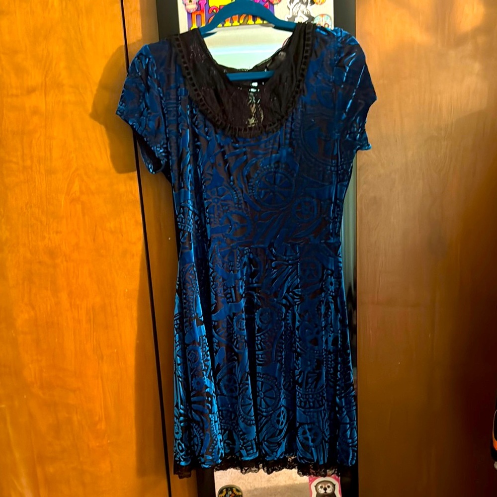 Hot Topic Blue Fit and Flare Mini Dress with Puff Sleeves